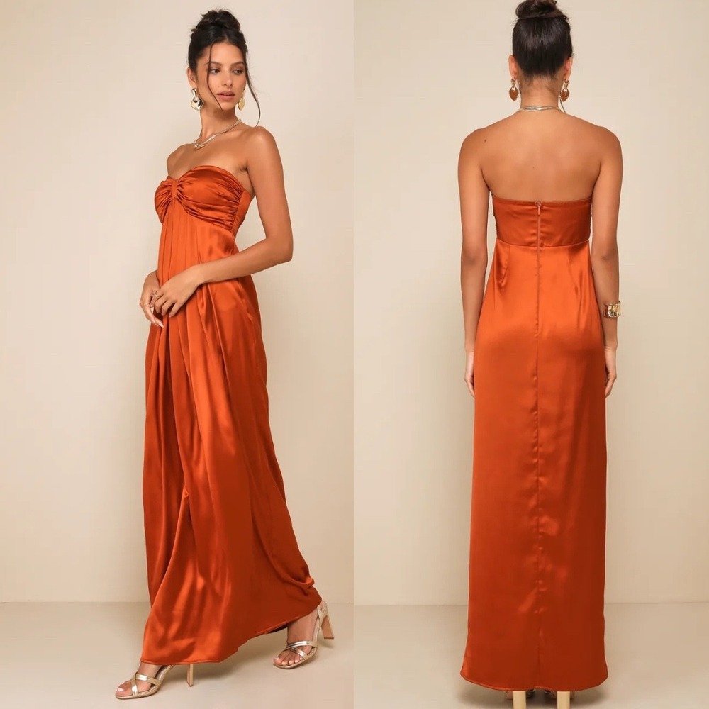 NEW Lulus Memorable Entrance Rust Orange Strapless Satin Maxi Dress Large